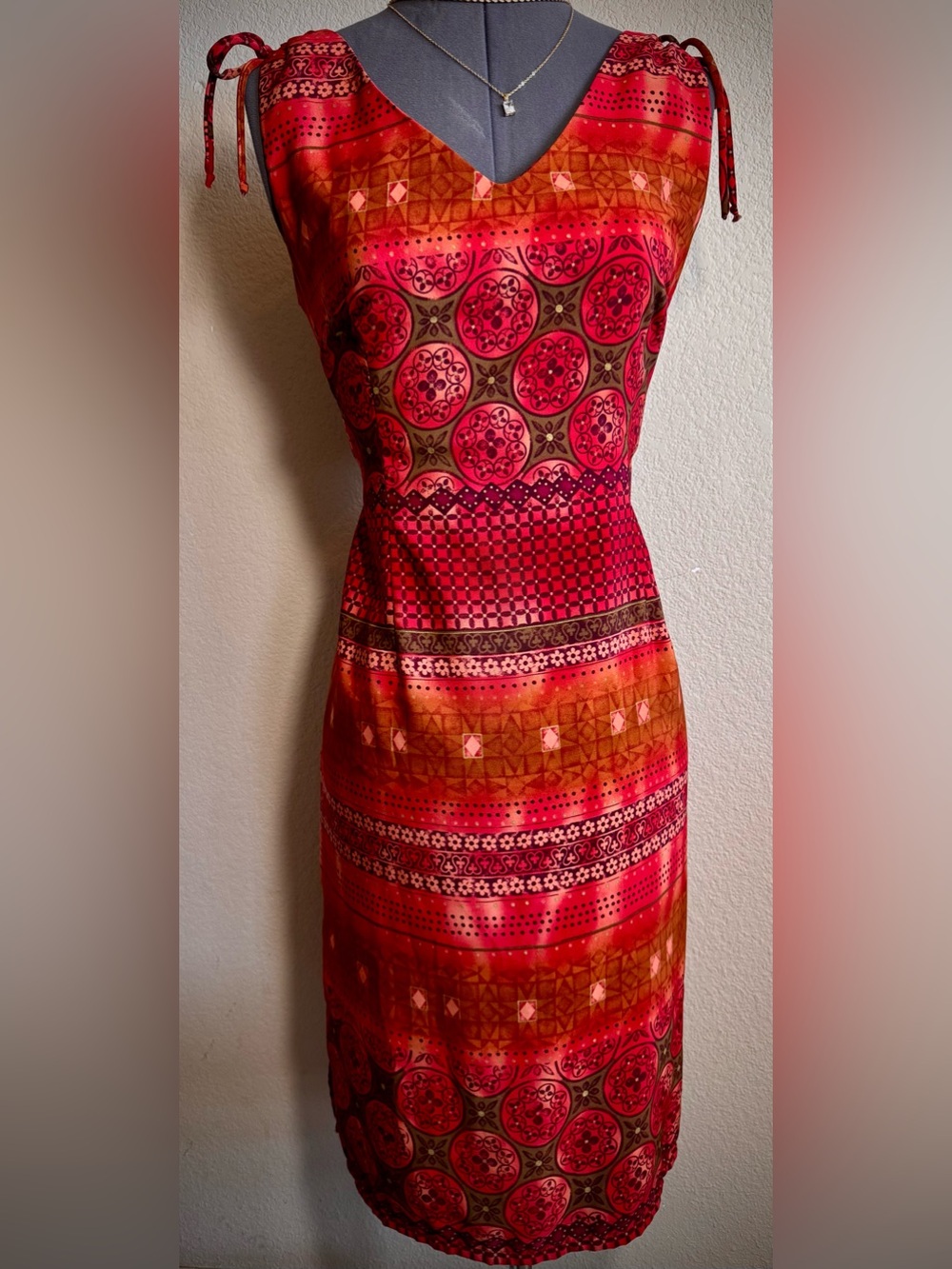 Vintage 80’s 90’s Orange Pink Patterned Printed Midi Dress M 10